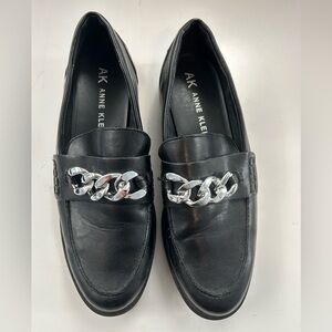 Anne Klein Black Loafers with Silver Chain